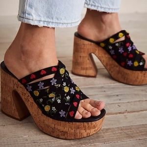 Free People Lisbon Black Suede Embroidered Platform Sandal